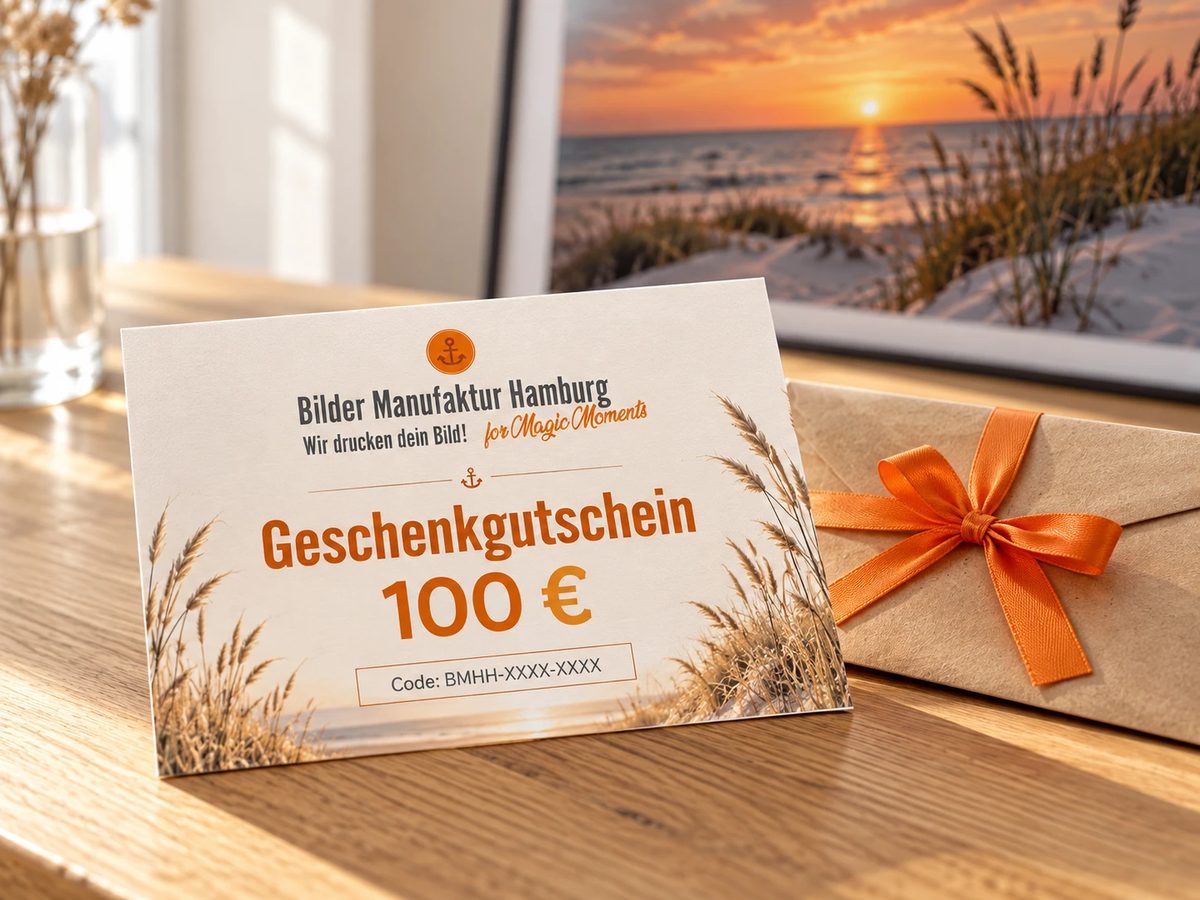 Geschenkgutschein der Bilder Manufaktur Hamburg – gedruckte Gutscheinkarte für ein Wandbild