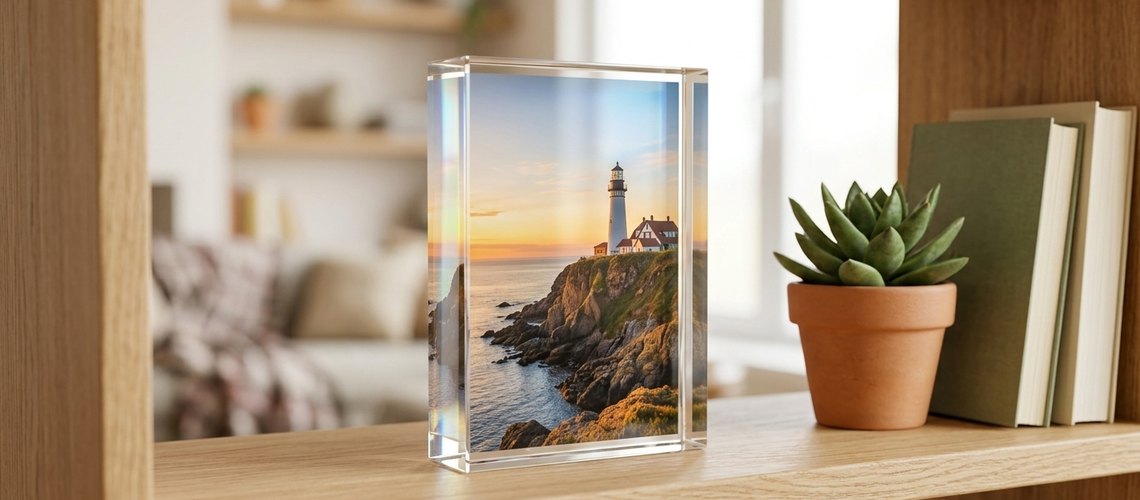 Foto-Acrylblock mit Leuchtturm-Motiv auf einem Holzregal – Ratgeber der Bilder Manufaktur Hamburg